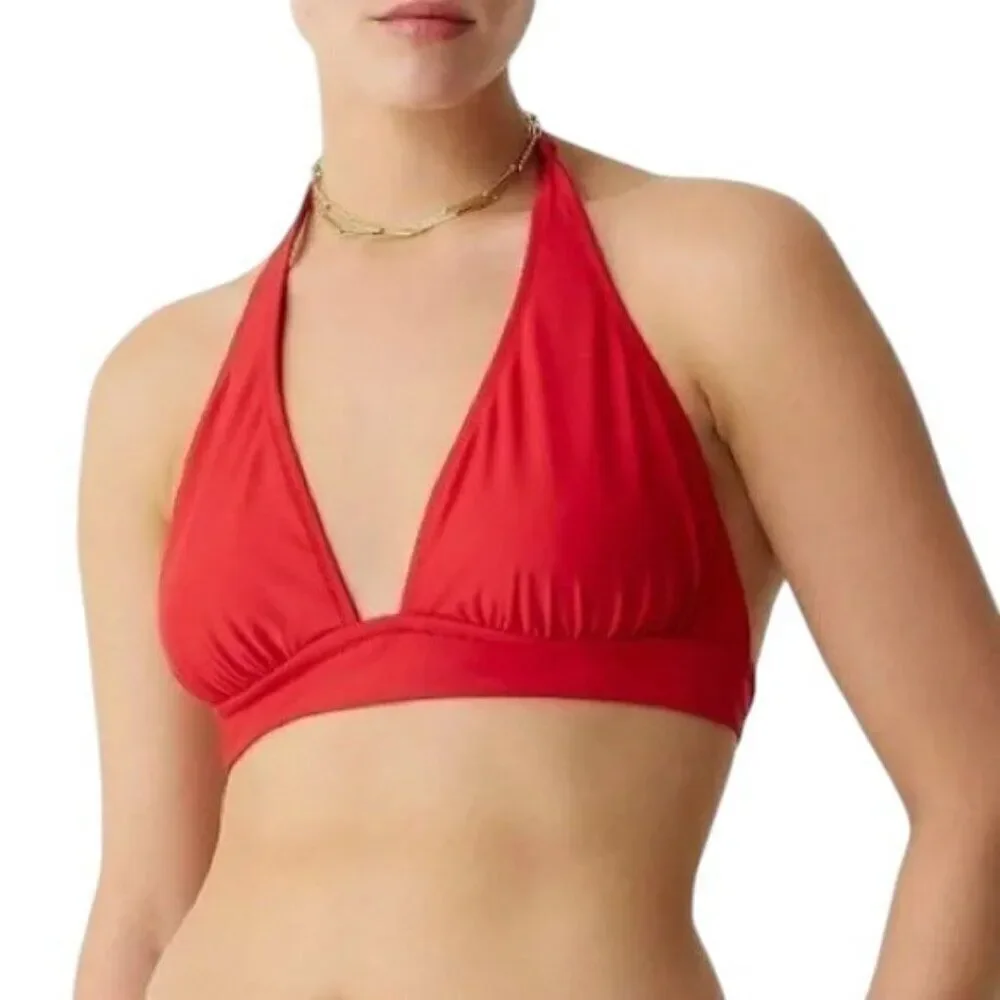 NEW J. Crew DD Halter Tie Back Bikini Top w/ Mesh V Neck Size M Venetian Red